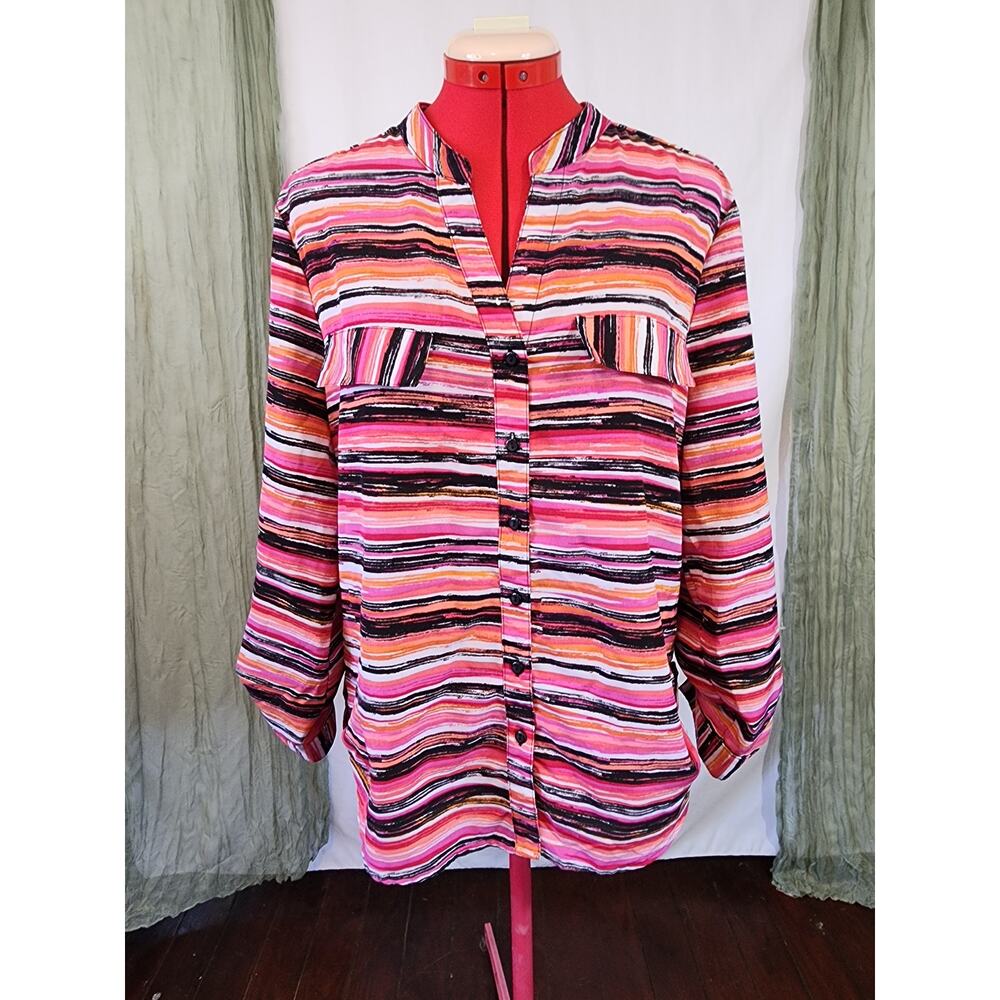 Notations Pink Striped Roll Tab Sleeves Button Up Blouse Size L